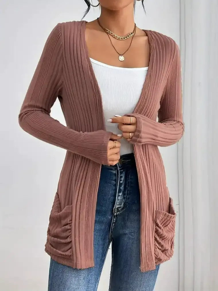 Damen Gerippte Langarm Strickjacke mit offener Front und gerafften Fronttaschen
