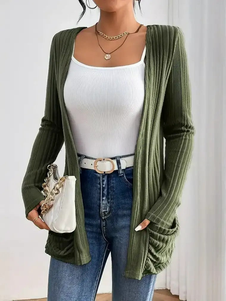 Damen Gerippte Langarm Strickjacke mit offener Front und gerafften Fronttaschen