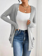 Damen Gerippte Langarm Strickjacke mit offener Front und gerafften Fronttaschen