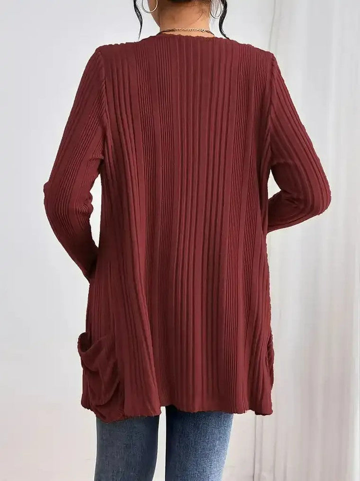Damen Gerippte Langarm Strickjacke mit offener Front und gerafften Fronttaschen