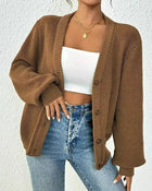 Damen Gerippte Strickjacke mit V-Ausschnitt Knopfverschluss und Ballonärmeln