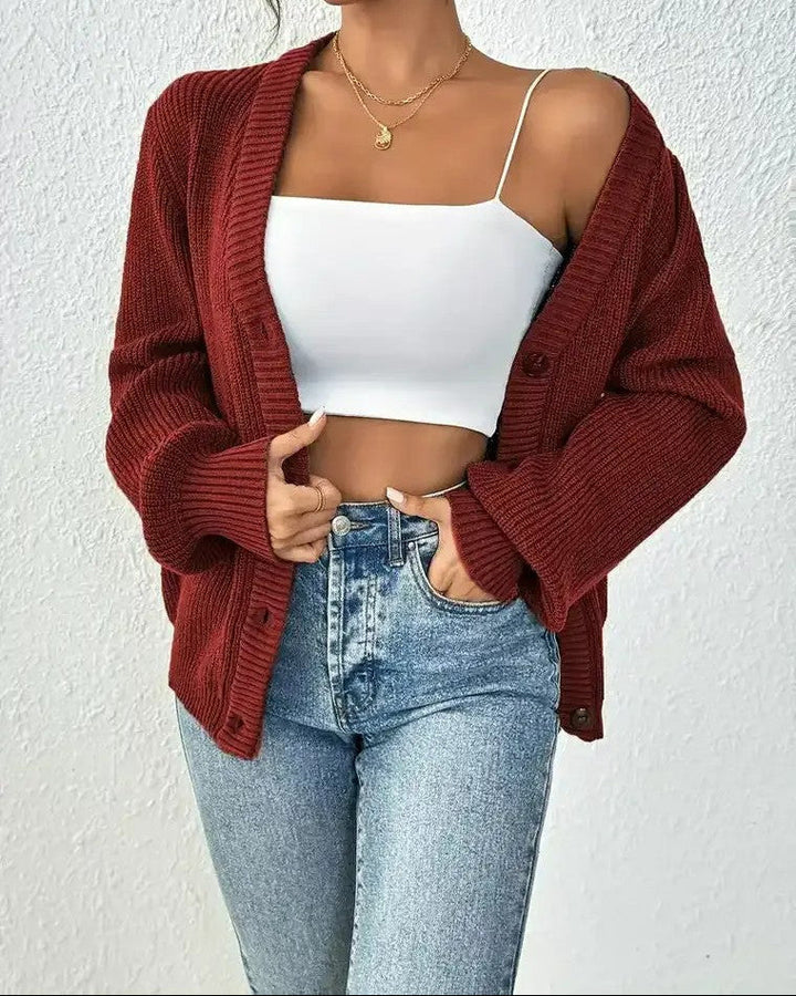 Damen Gerippte Strickjacke mit V-Ausschnitt Knopfverschluss und Ballonärmeln
