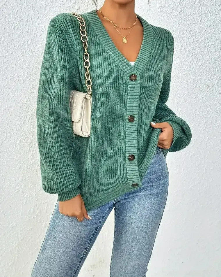 Damen Gerippte Strickjacke mit V-Ausschnitt Knopfverschluss und Ballonärmeln