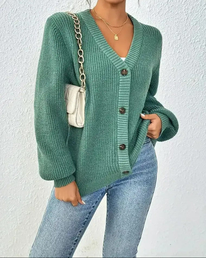 Damen Gerippte Strickjacke mit V-Ausschnitt Knopfverschluss und Ballonärmeln