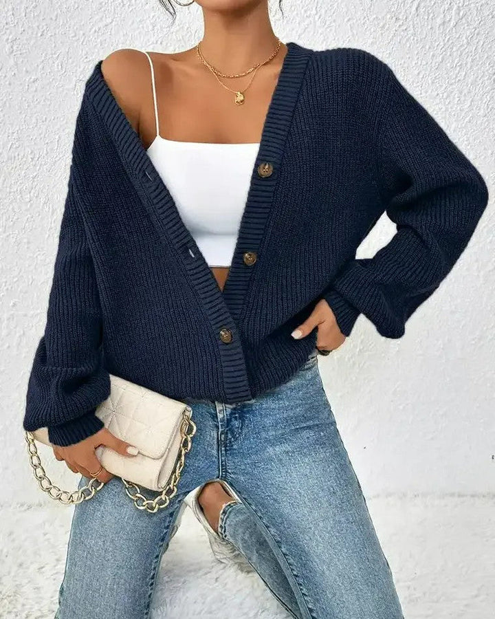 Damen Gerippte Strickjacke mit V-Ausschnitt Knopfverschluss und Ballonärmeln