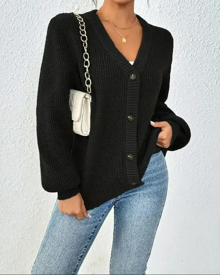 Damen Gerippte Strickjacke mit V-Ausschnitt Knopfverschluss und Ballonärmeln