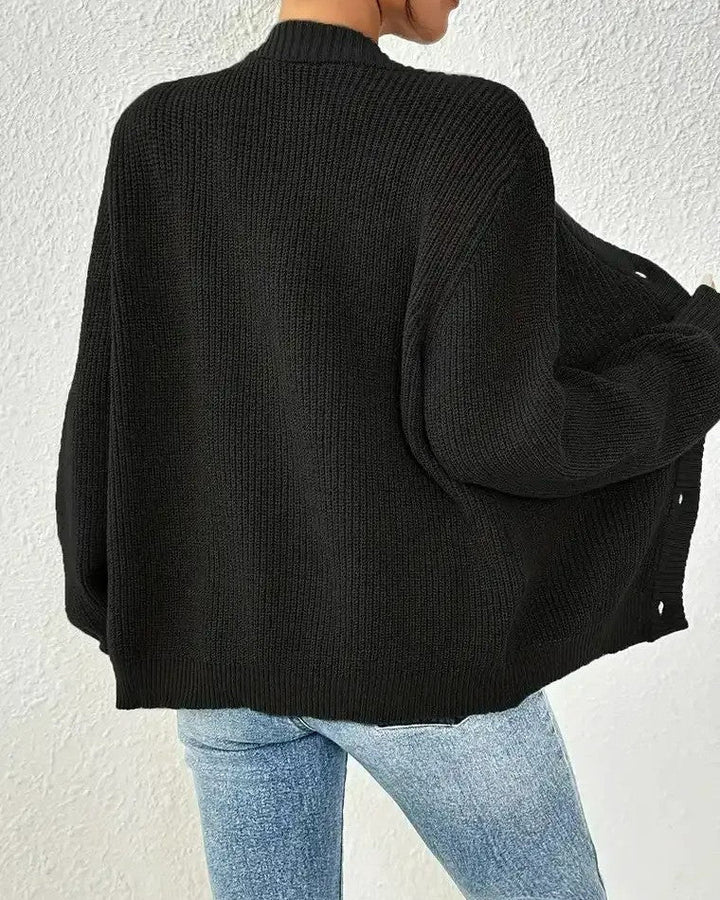Damen Gerippte Strickjacke mit V-Ausschnitt Knopfverschluss und Ballonärmeln