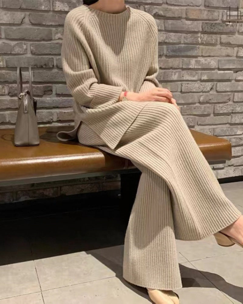 Damen Geripptes Strick Set mit Stehkragen Pullover und Hose mit Weitem Bein