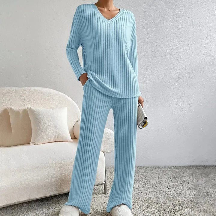 Damen Geripptes Strick Set mit V-Ausschnitt Langen Ärmeln und Weiter Hose