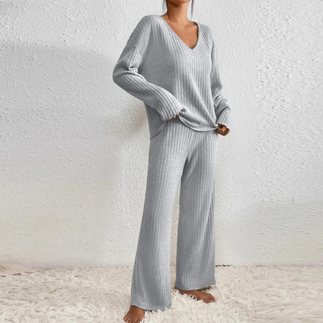 Damen Geripptes Strick Set mit V-Ausschnitt Langen Ärmeln und Weiter Hose