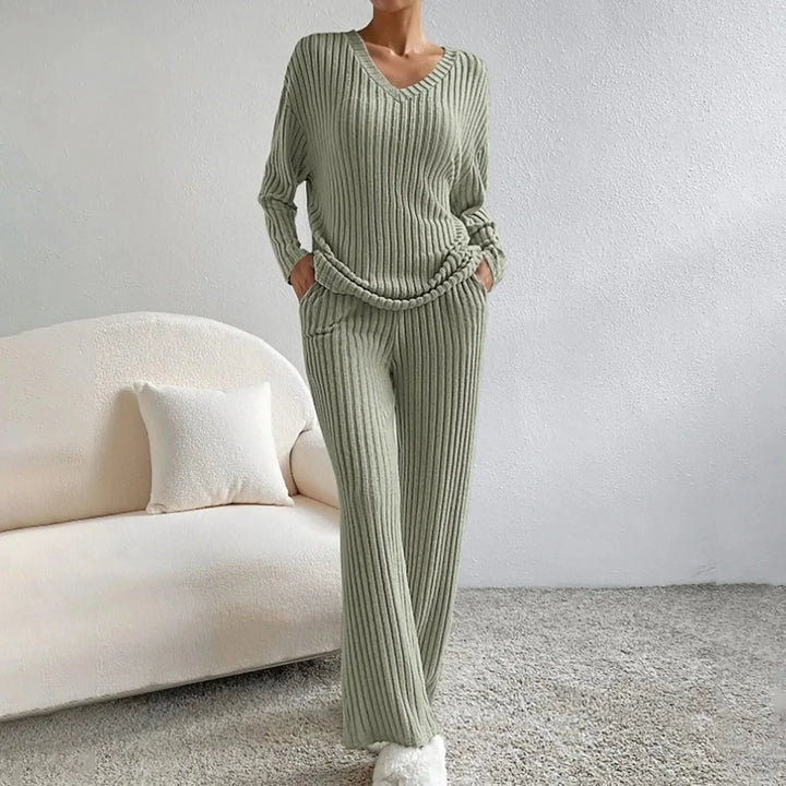 Damen Geripptes Strick Set mit V-Ausschnitt Langen Ärmeln und Weiter Hose