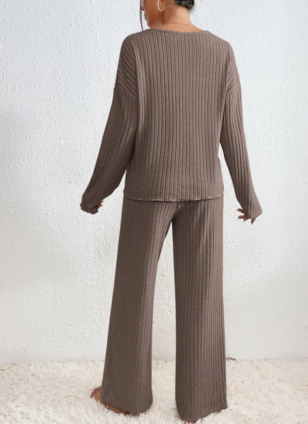 Damen Geripptes Strick Set mit V-Ausschnitt Langen Ärmeln und Weiter Hose