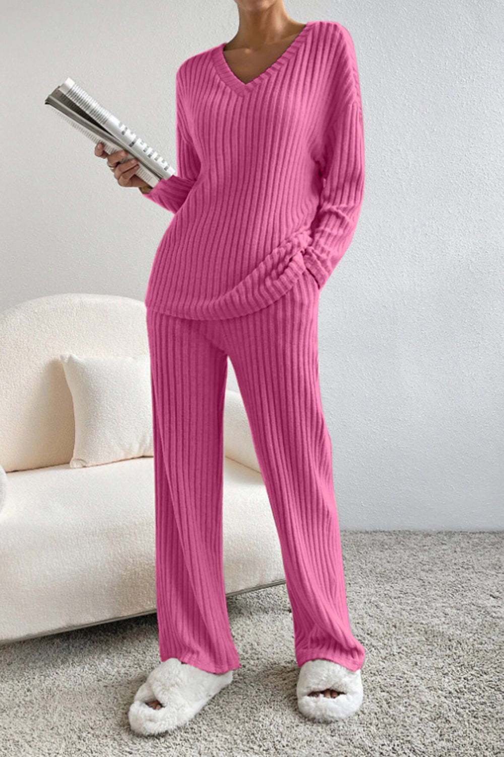 Damen Geripptes Strick Set mit V-Ausschnitt Langen Ärmeln und Weiter Hose