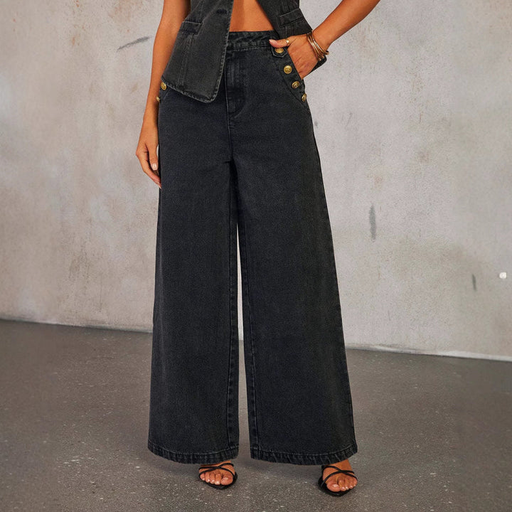 Damen Jeansset aus ärmelloser Weste mit Knopfleiste und weiter Hose mit hohem Bund