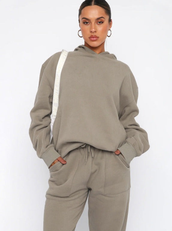 Damen Jogging-Set mit Hoodie Kapuze Kordelzug und gerader Hose