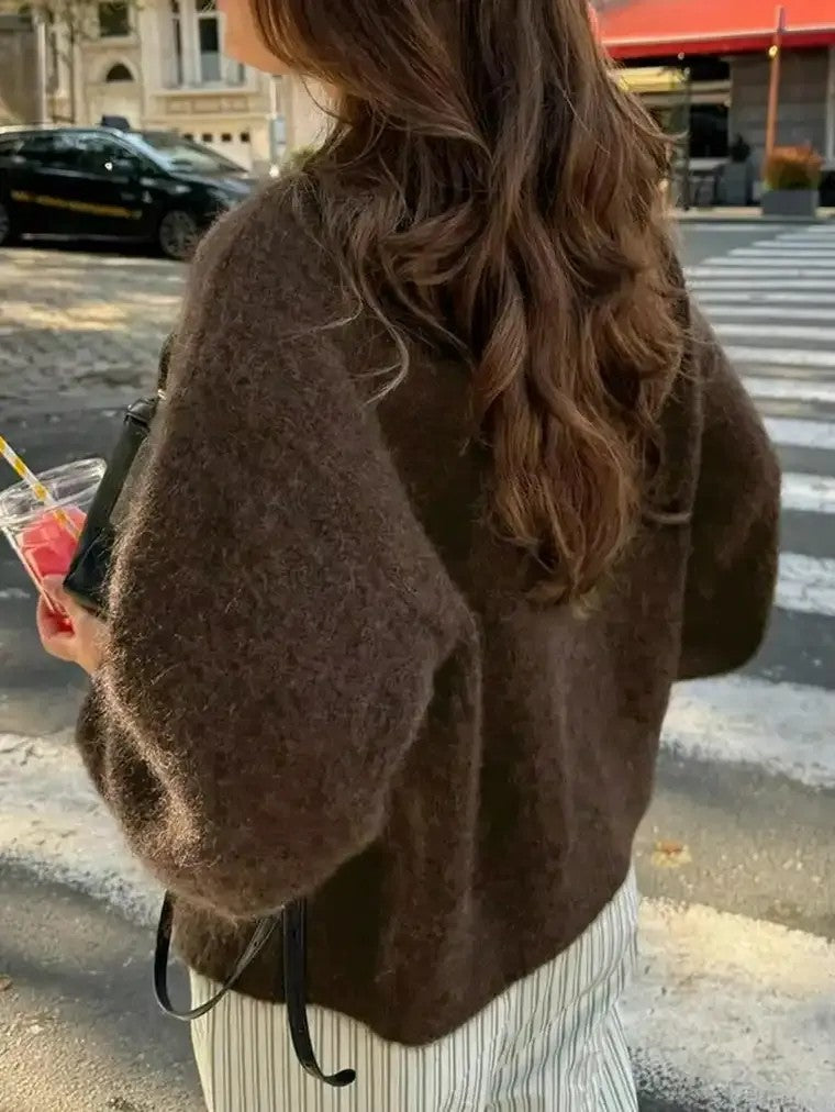 Damen Kurze Strickjacke mit Rundhalsausschnitt Knopfverschluss fallenden Schultern und gerippten Bündchen