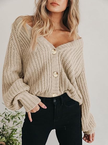 Damen Kurze Strickjacke mit V-Ausschnitt Knopfleiste und Langen Ärmeln