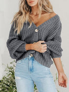 Damen Kurze Strickjacke mit V-Ausschnitt Knopfleiste und Langen Ärmeln