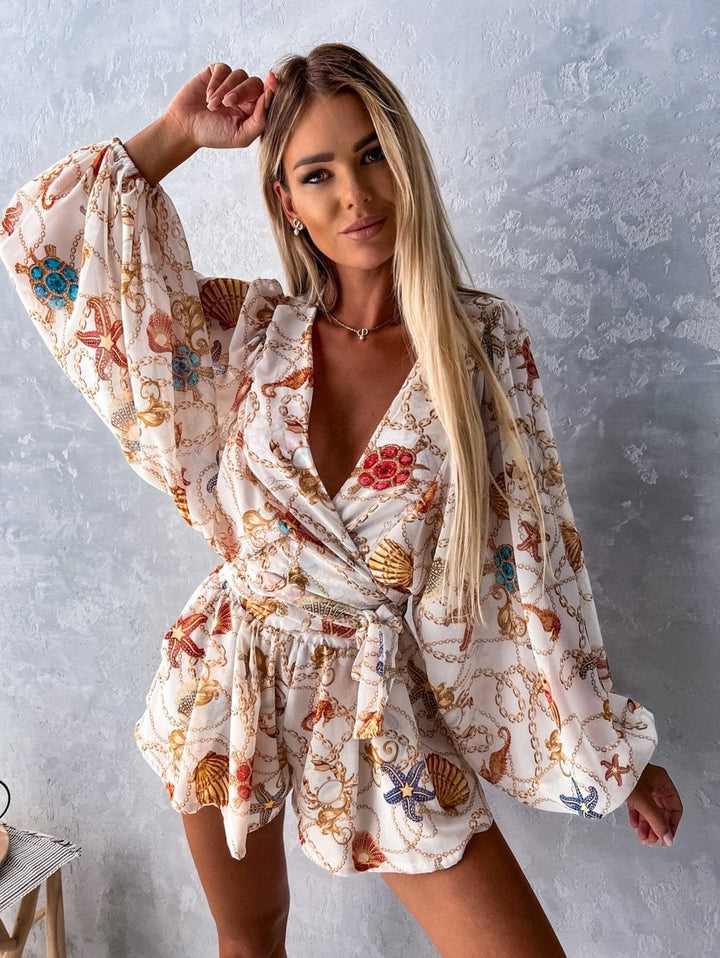 Damen Kurzes Set mit V-Ausschnitt und Wickelfront mit Ballonärmeln und Bindegürtel