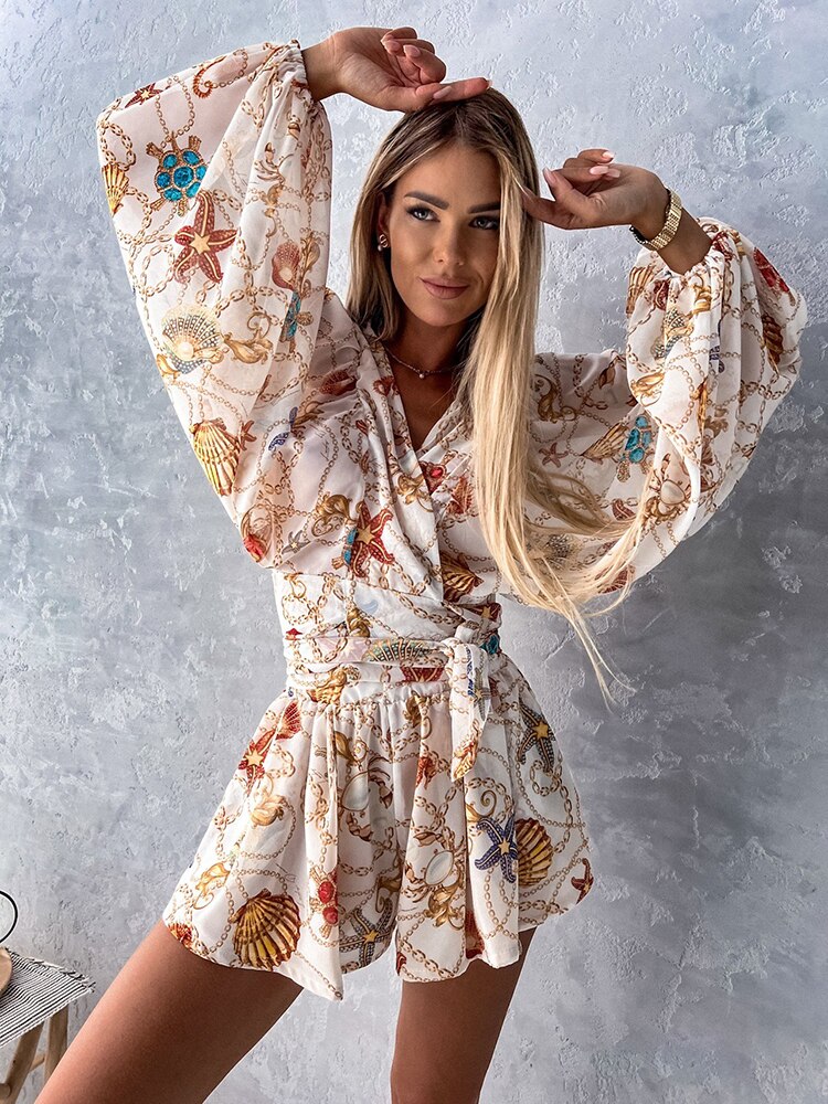 Damen Kurzes Set mit V-Ausschnitt und Wickelfront mit Ballonärmeln und Bindegürtel