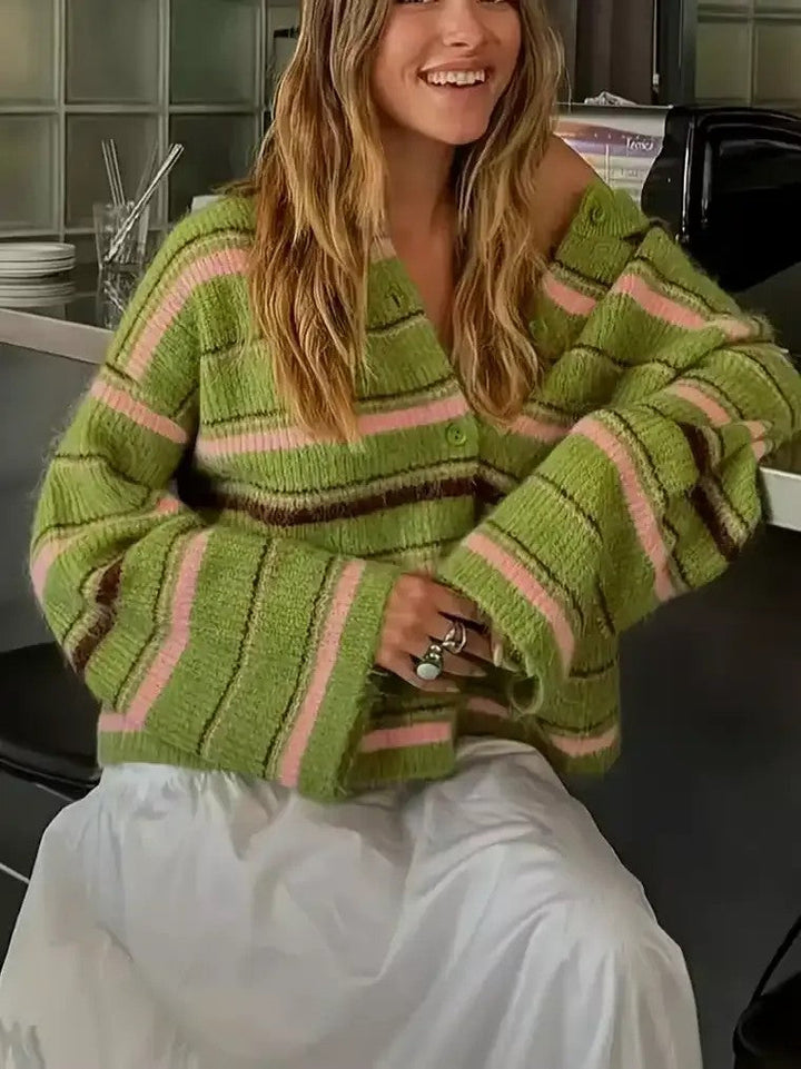Damen Langarm Strickjacke mit Rundhalsausschnitt und Knopfleiste in horizontalen Streifen