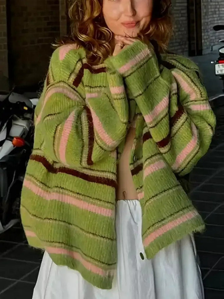 Damen Langarm Strickjacke mit Rundhalsausschnitt und Knopfleiste in horizontalen Streifen