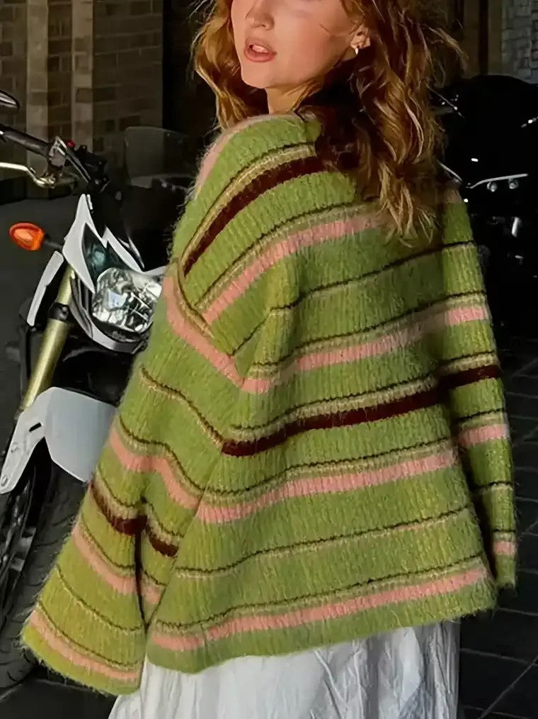 Damen Langarm Strickjacke mit Rundhalsausschnitt und Knopfleiste in horizontalen Streifen