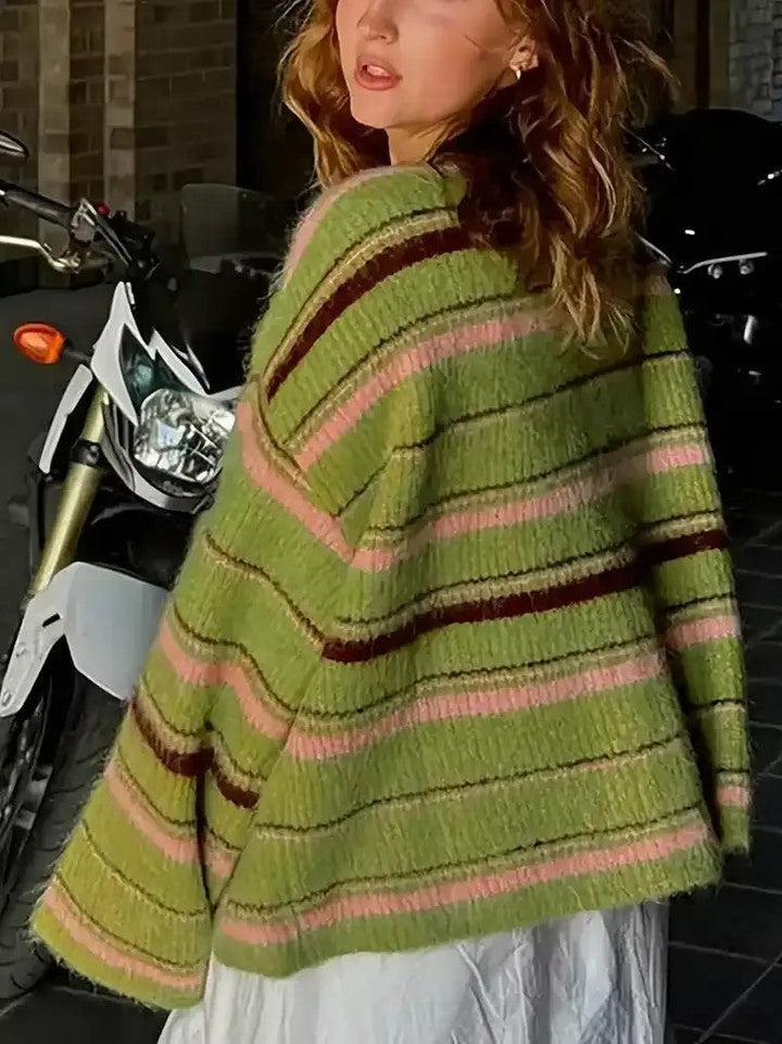 Damen Langarm Strickjacke mit Rundhalsausschnitt und Knopfleiste in horizontalen Streifen