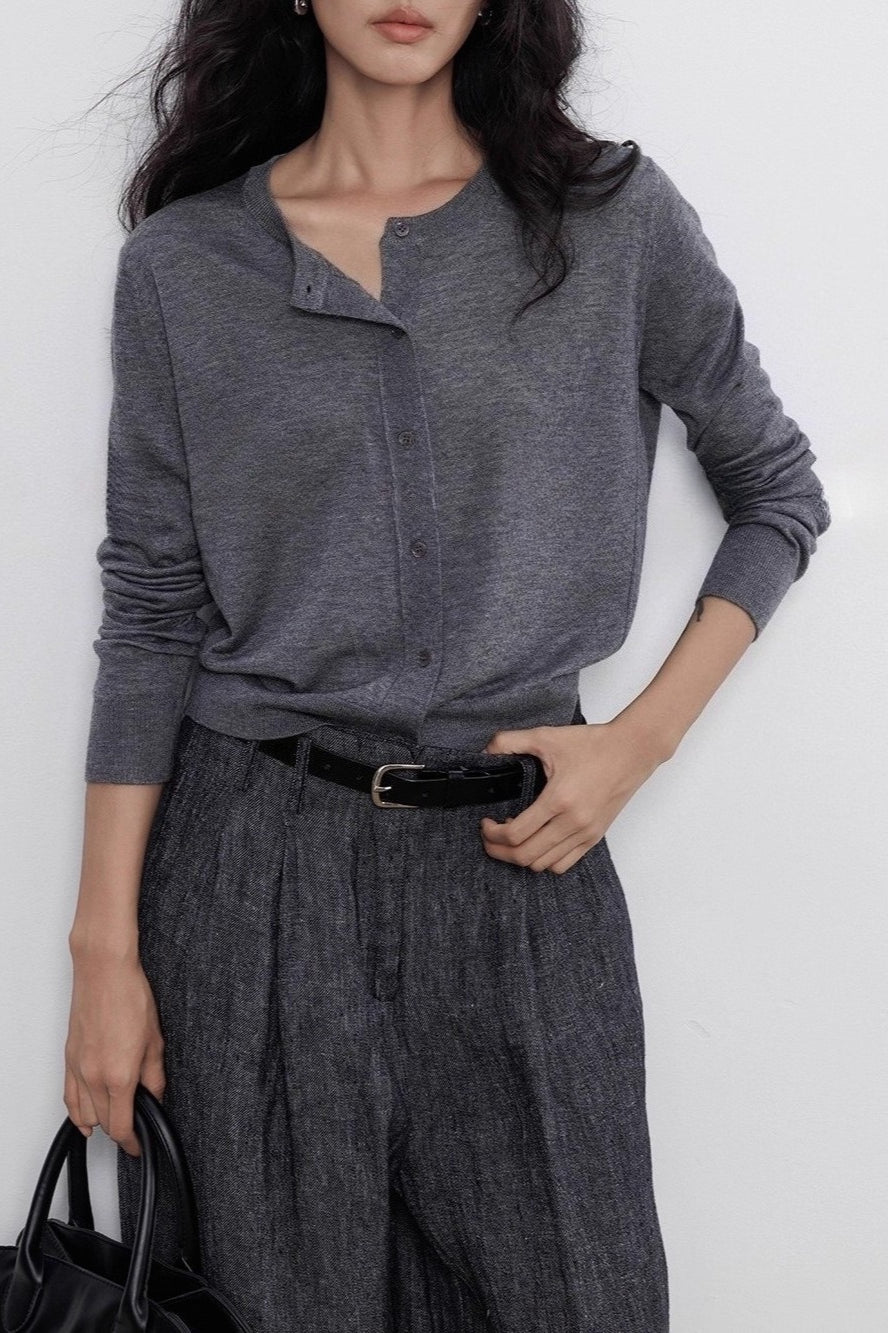 Damen Langarm Strickjacke mit Rundkragen und durchgehender Knopfleiste