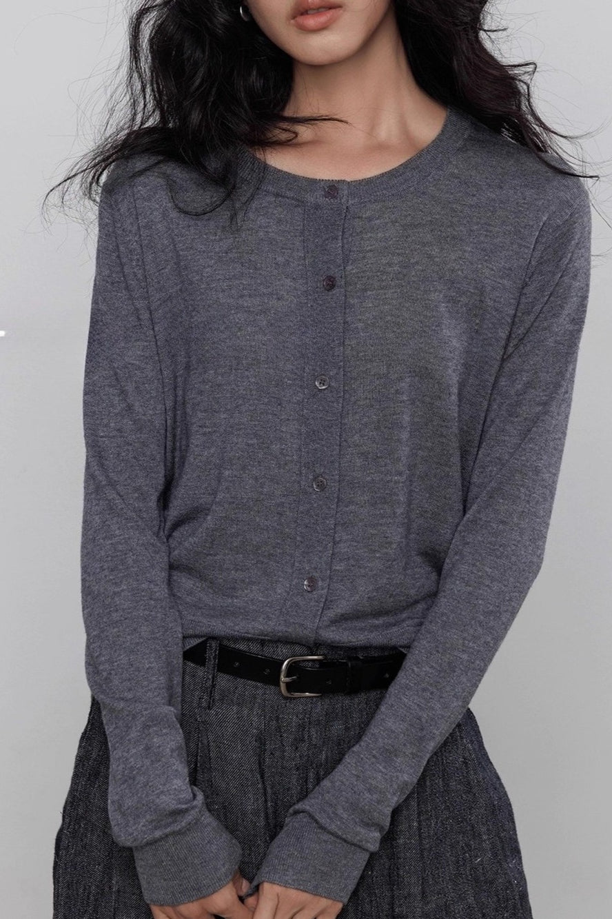 Damen Langarm Strickjacke mit Rundkragen und durchgehender Knopfleiste