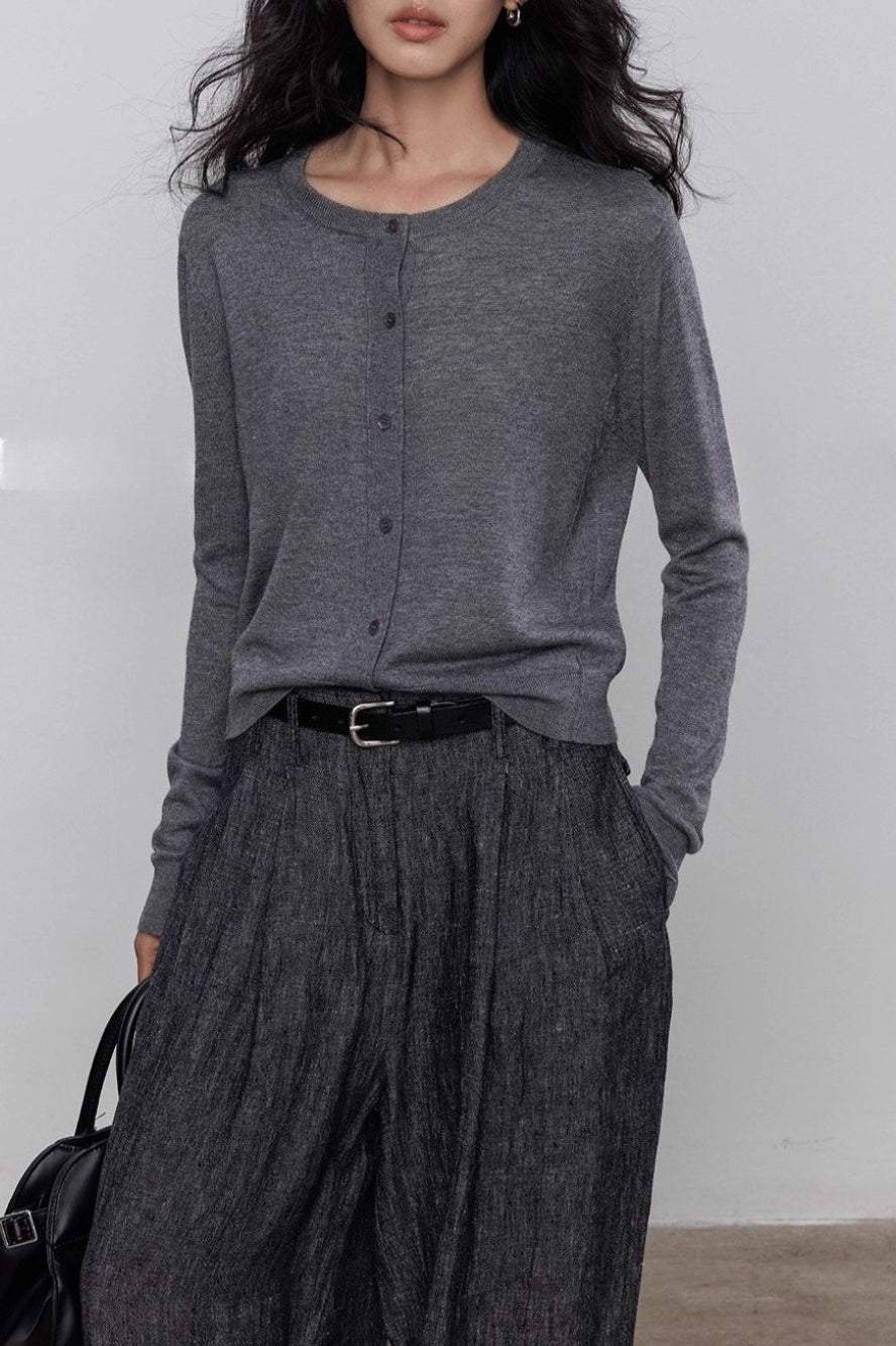 Damen Langarm Strickjacke mit Rundkragen und durchgehender Knopfleiste
