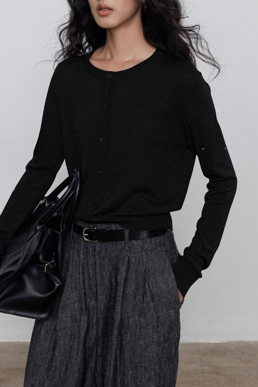 Damen Langarm Strickjacke mit Rundkragen und durchgehender Knopfleiste