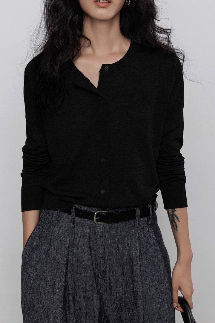 Damen Langarm Strickjacke mit Rundkragen und durchgehender Knopfleiste