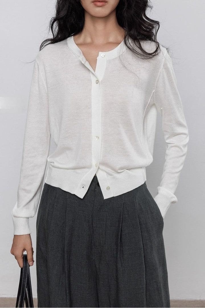 Damen Langarm Strickjacke mit Rundkragen und durchgehender Knopfleiste