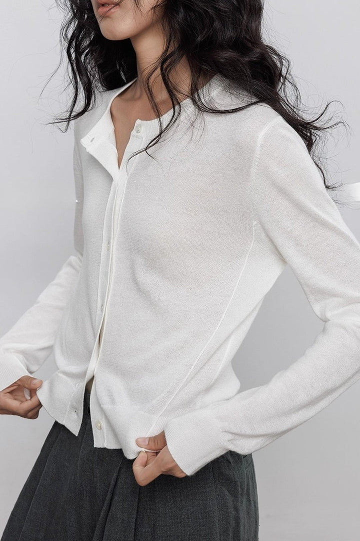 Damen Langarm Strickjacke mit Rundkragen und durchgehender Knopfleiste