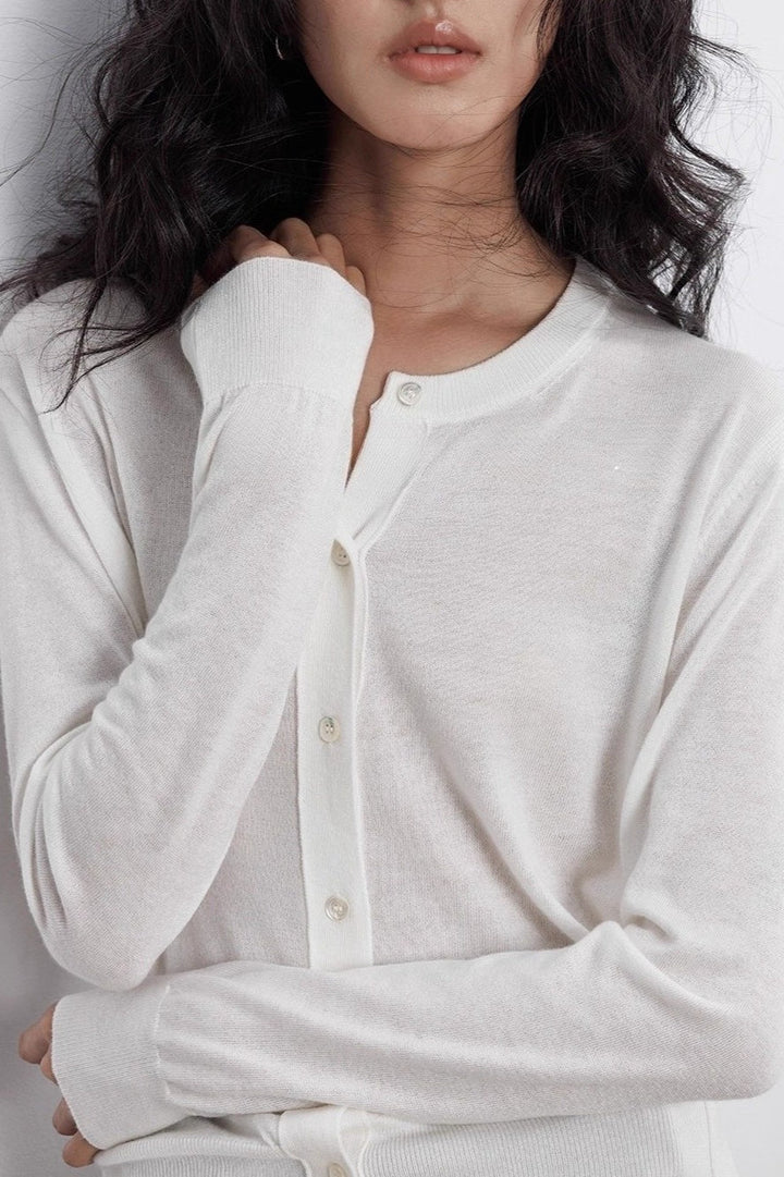 Damen Langarm Strickjacke mit Rundkragen und durchgehender Knopfleiste