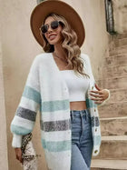Damen Langarm Strickjacke mit V-Ausschnitt und horizontalen Blockfarben-Streifen