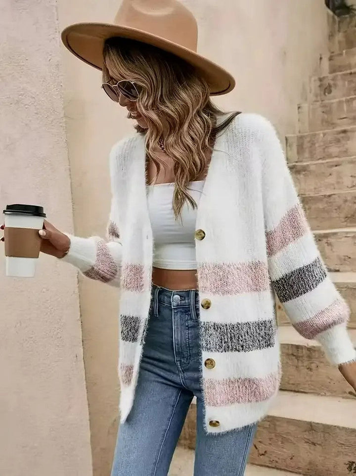 Damen Langarm Strickjacke mit V-Ausschnitt und horizontalen Blockfarben-Streifen