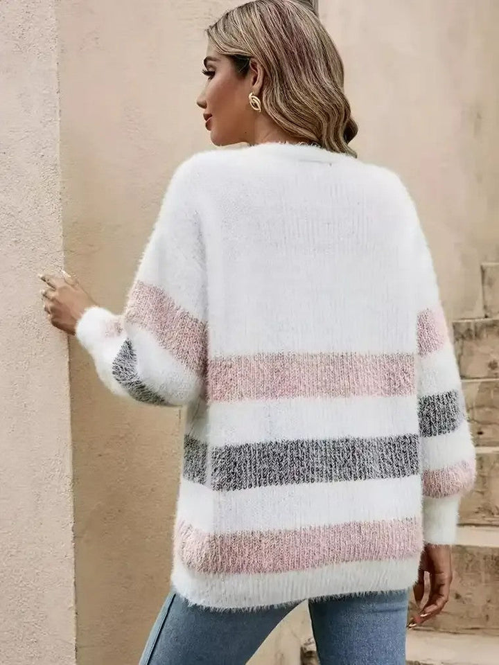 Damen Langarm Strickjacke mit V-Ausschnitt und horizontalen Blockfarben-Streifen