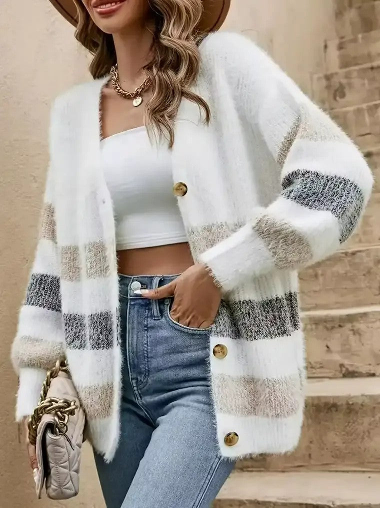 Damen Langarm Strickjacke mit V-Ausschnitt und horizontalen Blockfarben-Streifen