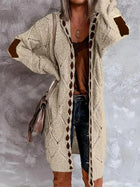 Damen Lange Offene Strickjacke mit Kapuze Rautenmuster Ellenbogen-Patches und Lochmuster