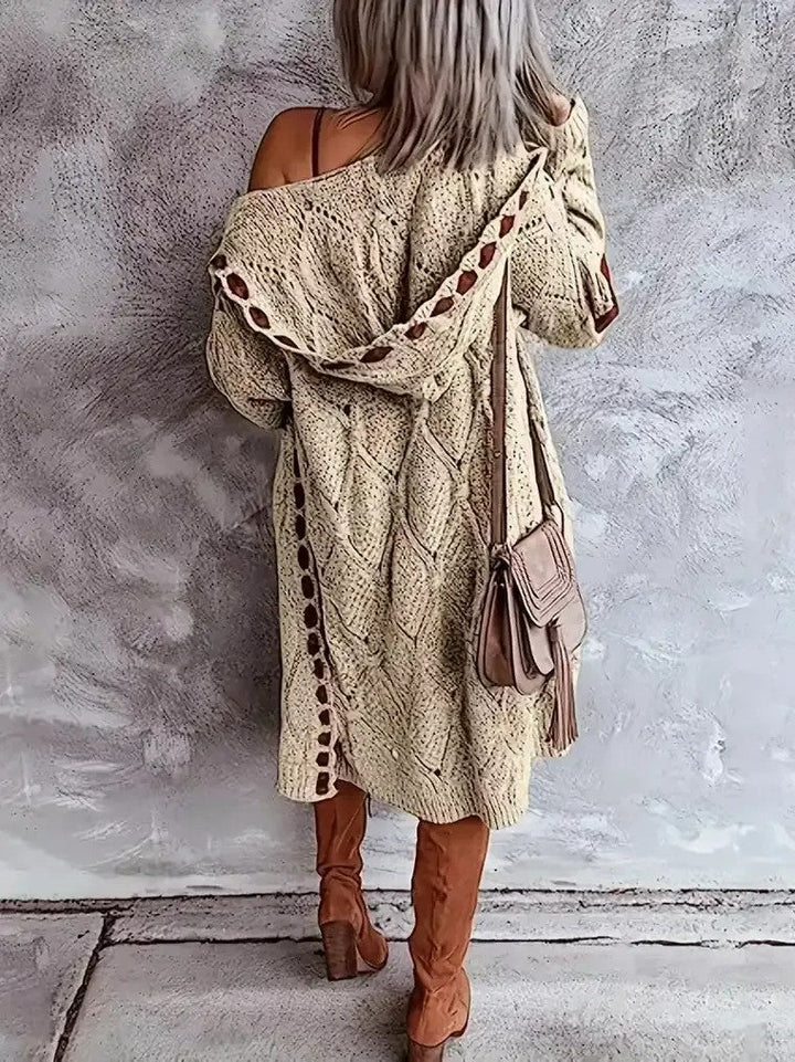 Damen Lange Offene Strickjacke mit Kapuze Rautenmuster Ellenbogen-Patches und Lochmuster