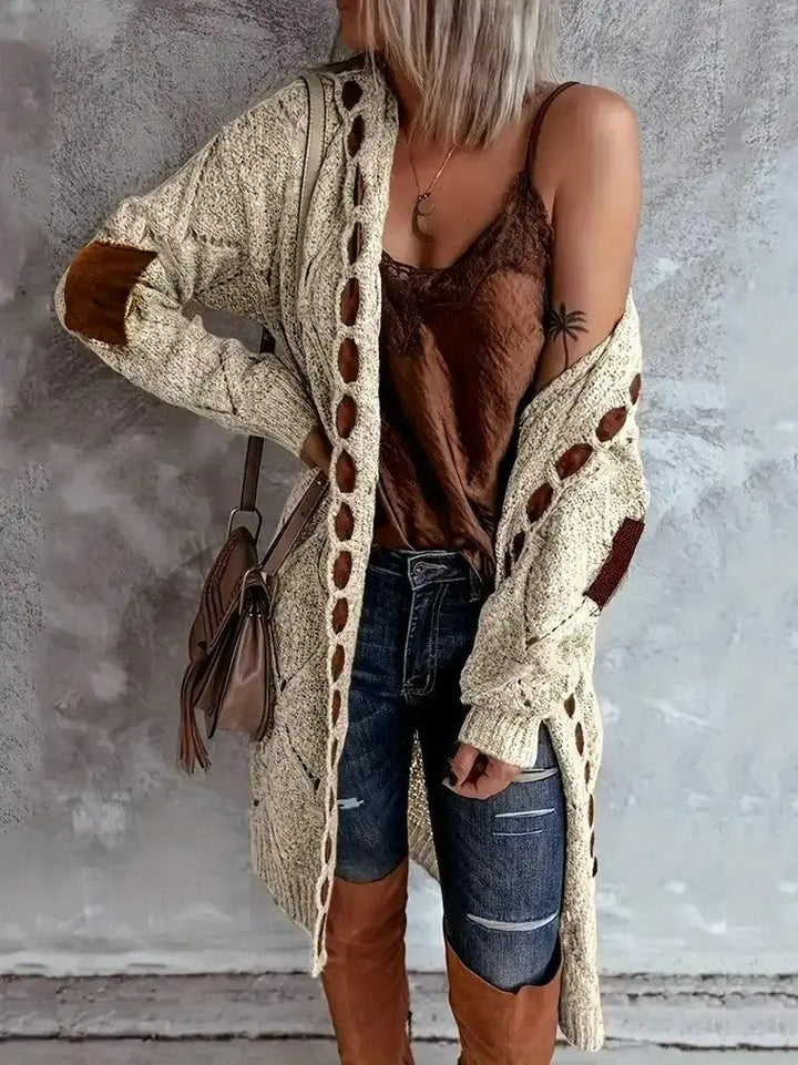 Damen Lange Offene Strickjacke mit Kapuze Rautenmuster Ellenbogen-Patches und Lochmuster