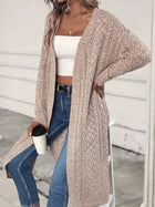 Damen Lange Offene Strickjacke mit Seitenschlitzen und Durchbrochenem Strickmuster