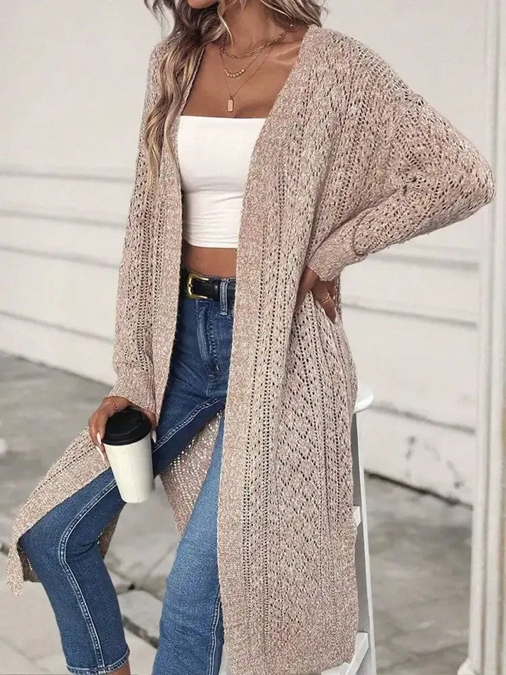 Damen Lange Offene Strickjacke mit Seitenschlitzen und Durchbrochenem Strickmuster