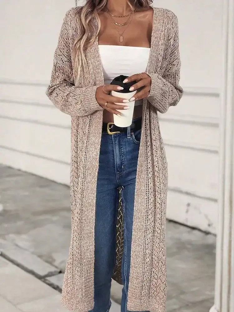 Damen Lange Offene Strickjacke mit Seitenschlitzen und Durchbrochenem Strickmuster