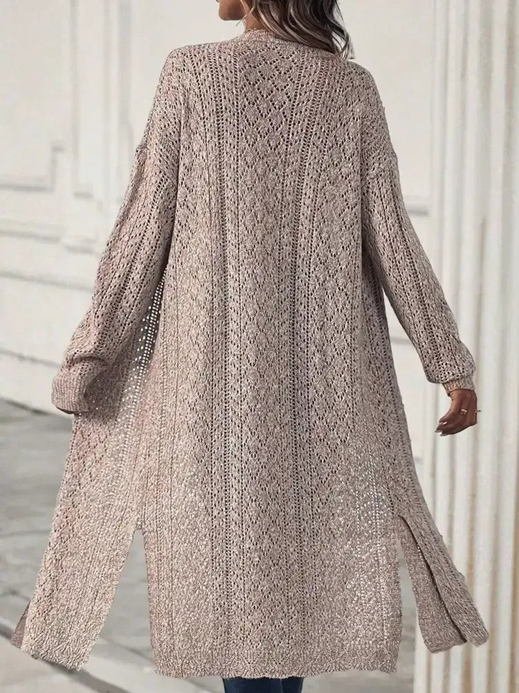 Damen Lange Offene Strickjacke mit Seitenschlitzen und Durchbrochenem Strickmuster