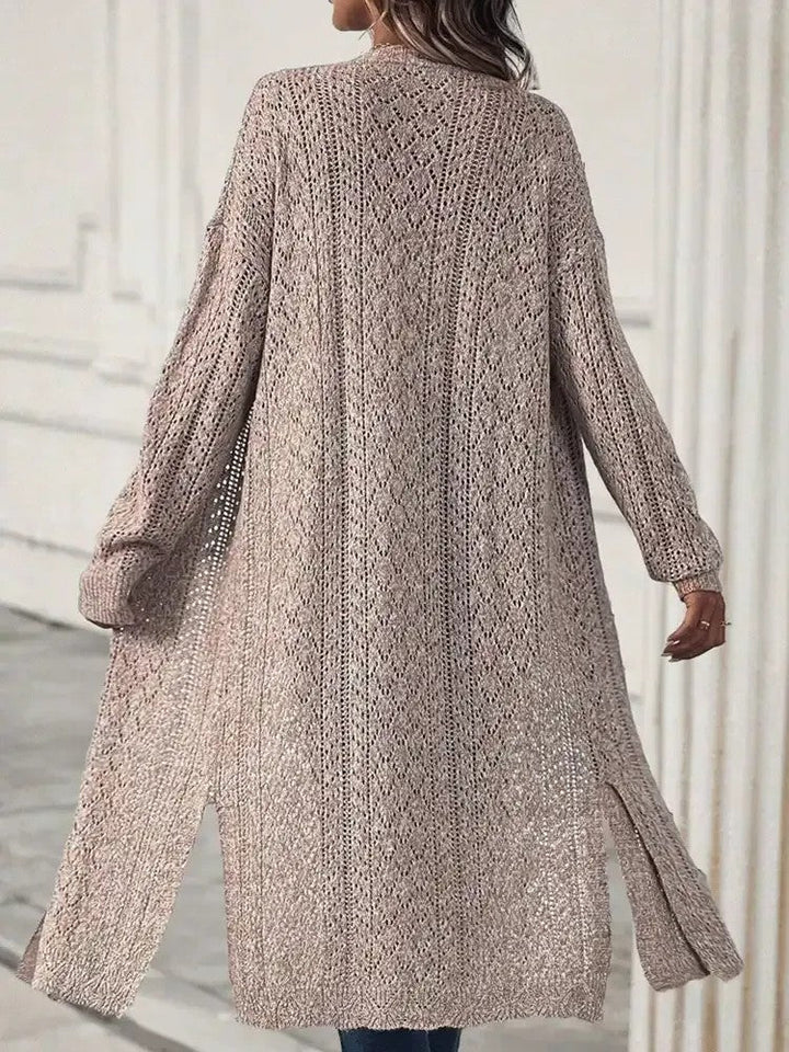 Damen Lange Offene Strickjacke mit Seitenschlitzen und Durchbrochenem Strickmuster