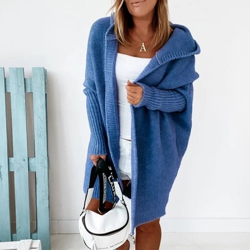 Damen lange Strickjacke mit Kapuze offener Front und strukturierten Bündchen