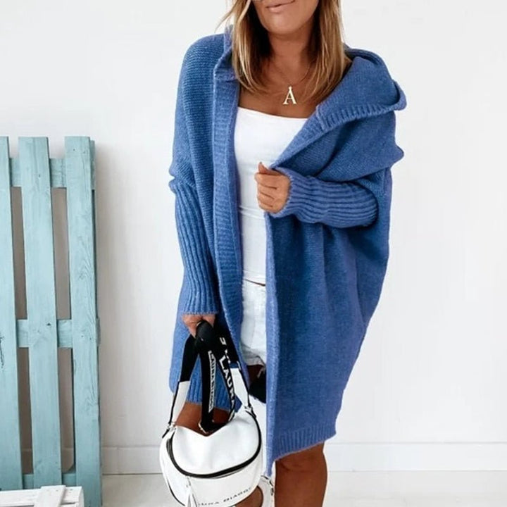 Damen lange Strickjacke mit Kapuze offener Front und strukturierten Bündchen
